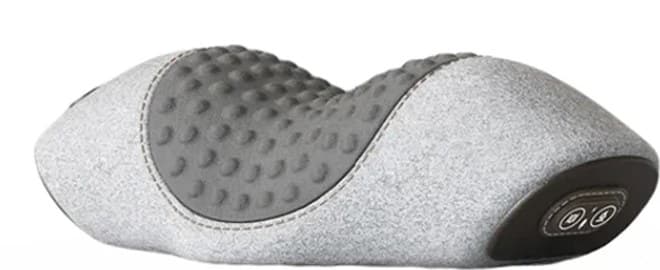 Nape heated neck pillow in Light Grey, side view, with the control panel at the right end